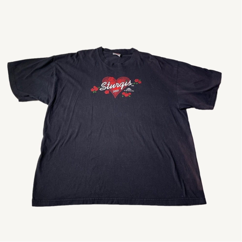 BNK Vintage 'Sturgis' 2003 Black Crew Neck T-Shirt with Red Roses Size 2…